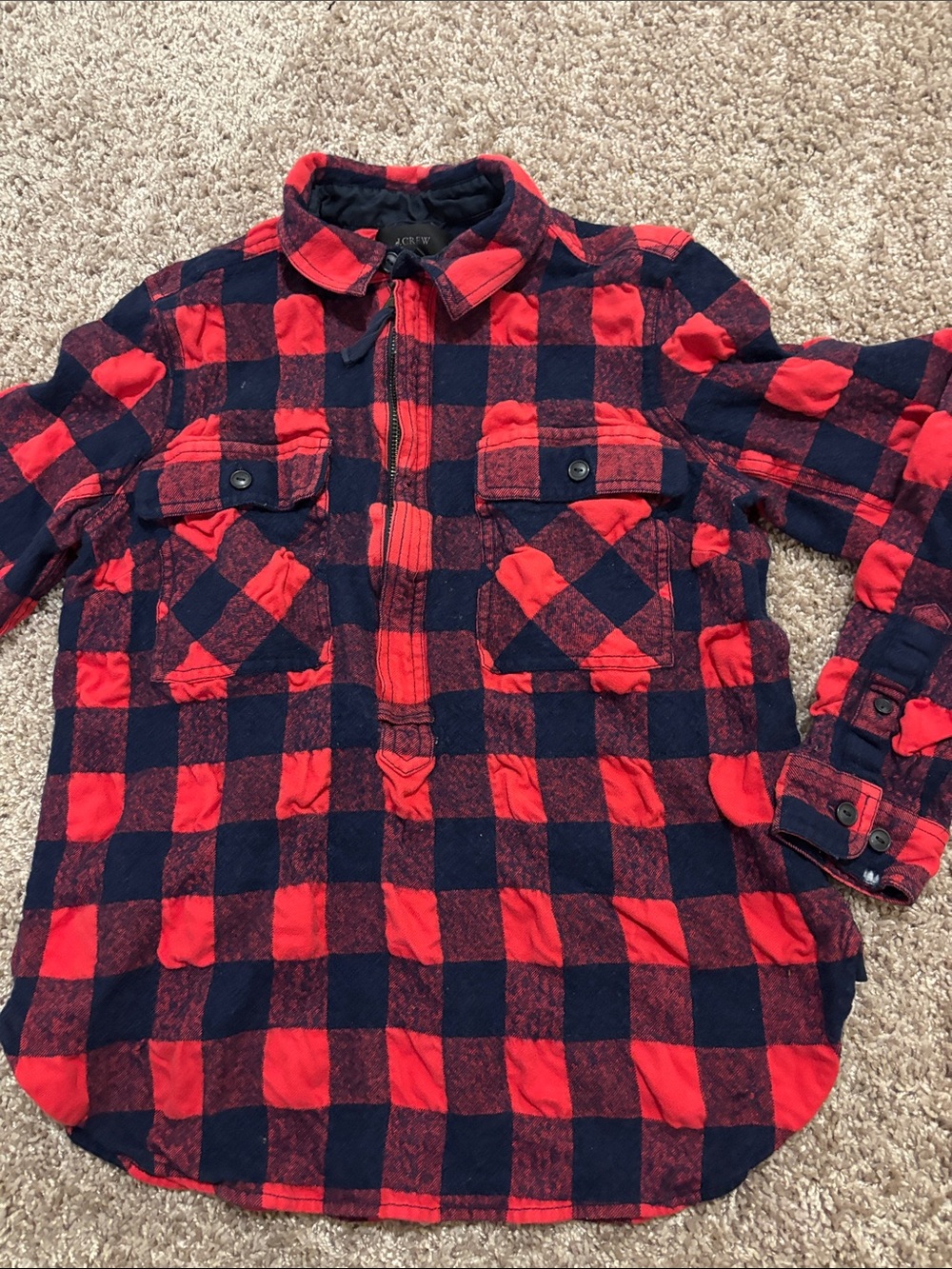 J.Crew Plaid Flannel Cozy Quarter Zip Pullover 42% Wool Faded Cuff Sleeve